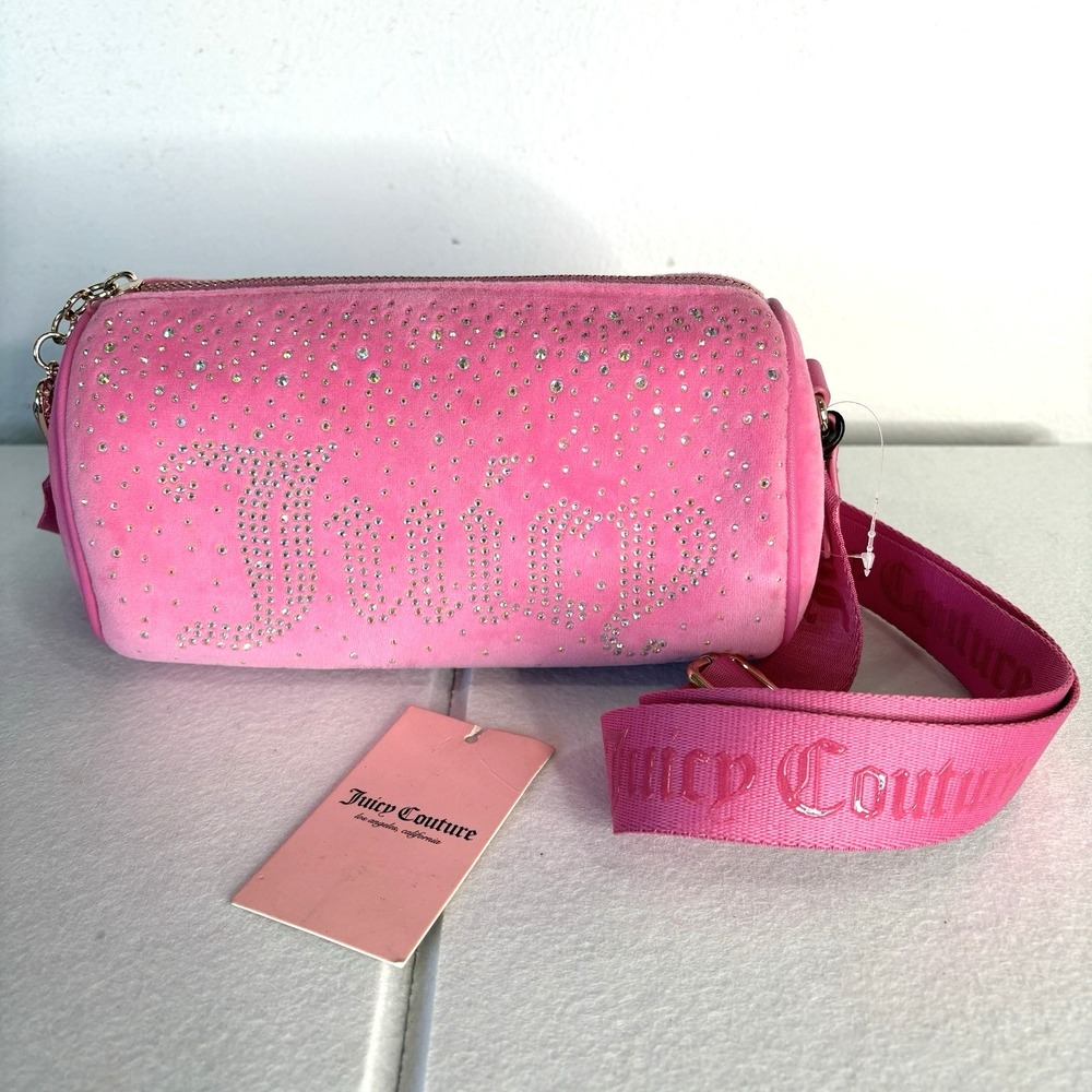 Juicy Couture Y2k Let It Shine Roll Bag Crossbody Rhinestone McBling Velour Pink
